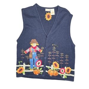 bobbie brooks crochet scarecrow vest size xl navy blue fall holiday seasonal